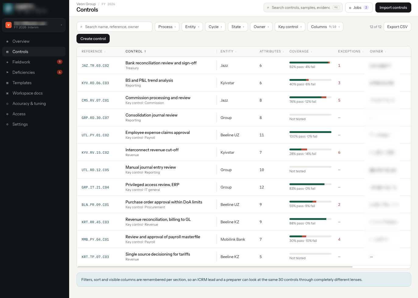 Controls dashboard